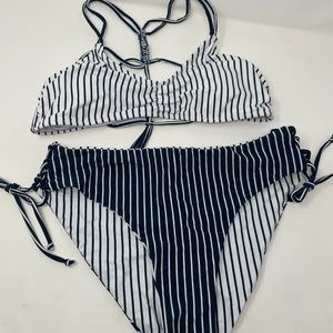 white and navy striped bikini
